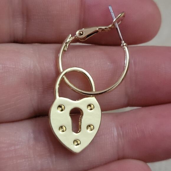 Dainty Heart Lock & Key Gold Tone Hoop Earrings - Picture 5 of 5